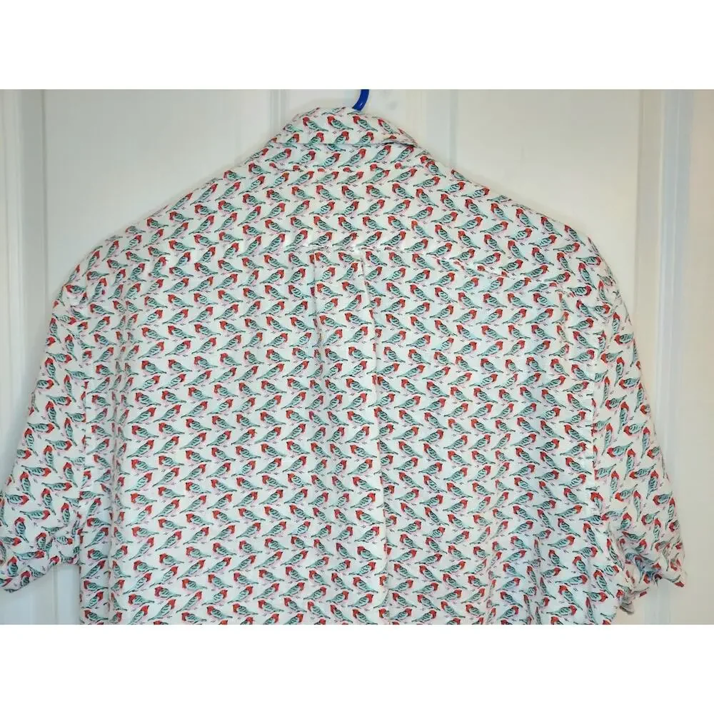 J.Crew Mens 100% Linen Bird Print Shirt Slim Fit Large Short Sleeve Coastal